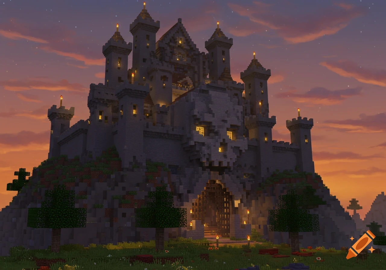 A dark Minecraft castle with a giant skull face on its facade at sunset, surrounded by blocky trees and grass.