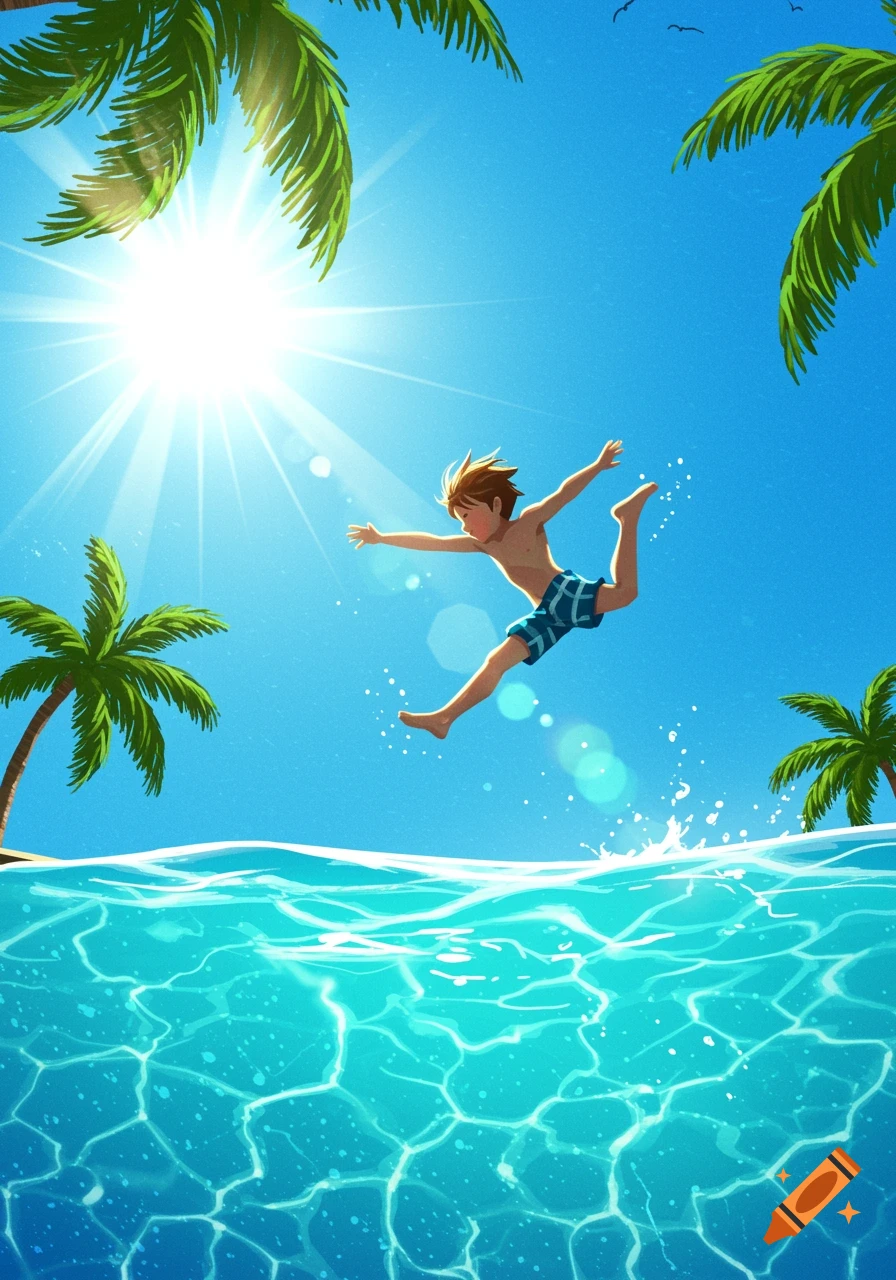 A stylized illustration of a boy in blue swim trunks joyfully jumping into clear blue ocean water under a bright sun and palm trees.