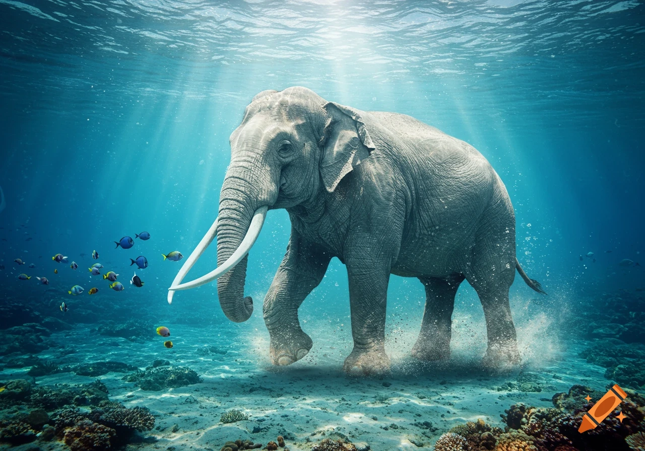 A majestic elephant walks on the sandy ocean floor, surrounded by vibrant coral reefs and colorful fish, illuminated by sunbeams.