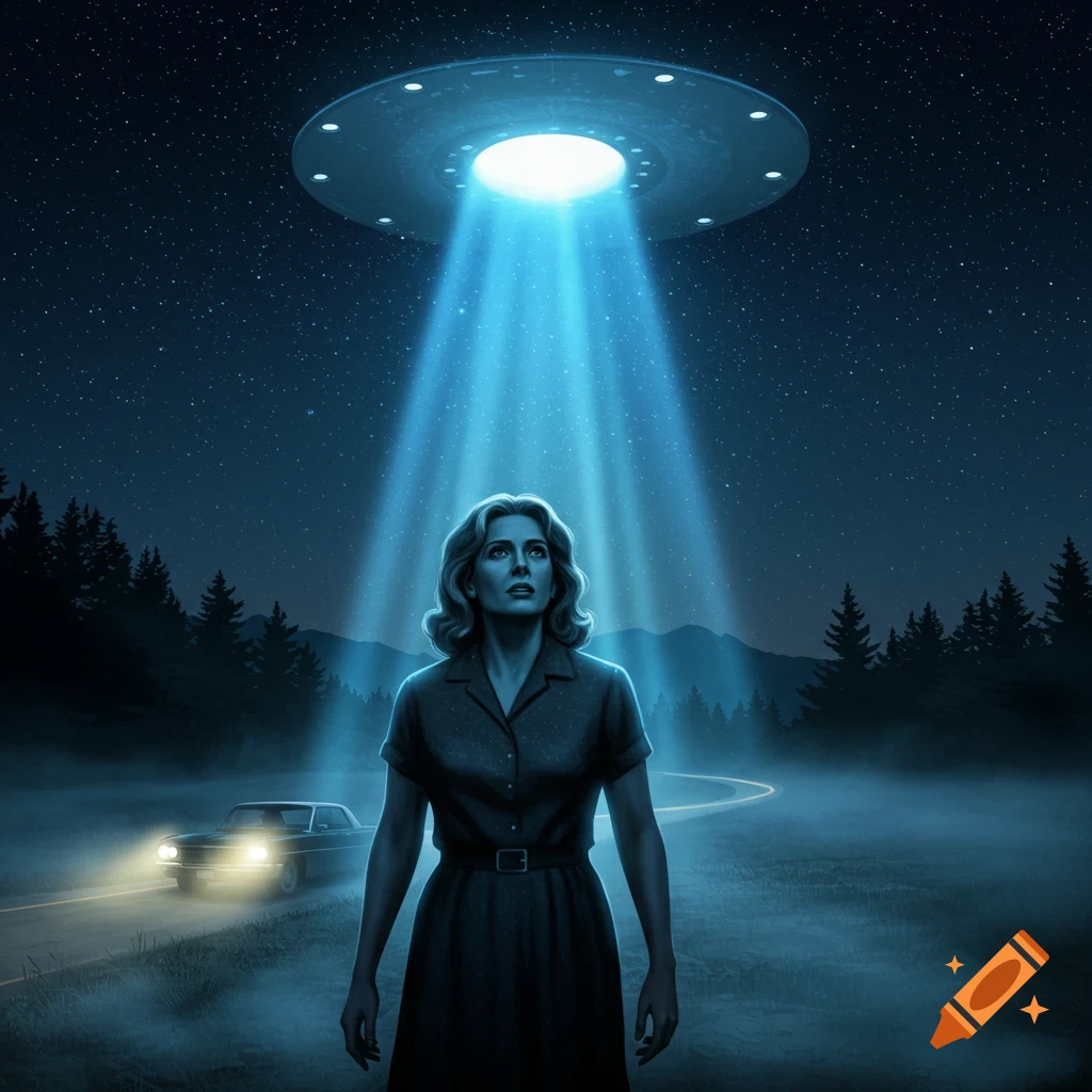 A dramatic illustration of a woman looking up at a UFO's blue light beam on a dark, starry night with a car on a winding road.