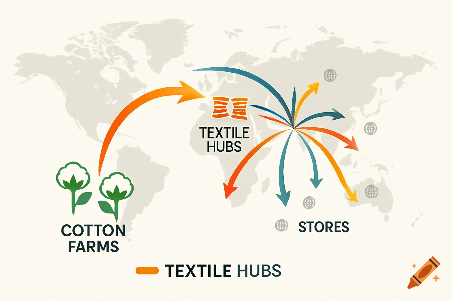 Infographic world map showing the textile supply chain from cotton farms to textile hubs and global stores, with icons and arrows.
