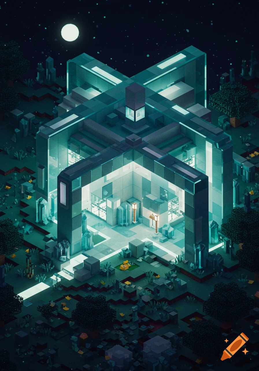 An isometric Minecraft-style futuristic house made of glowing prismarine and quartz blocks at night under a full moon.
