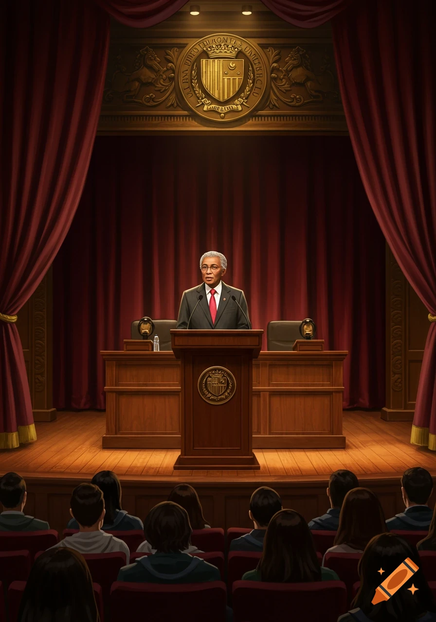 An illustrated image of a university president in a suit and red tie giving a speech at a wooden podium on a stage to an audience.