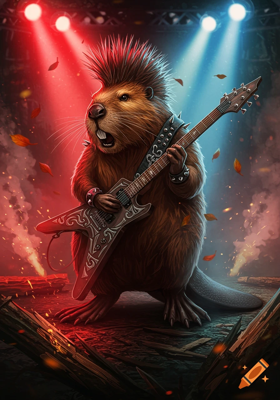 A cartoon beaver with a mohawk playing an electric guitar on a stage under red and blue spotlights, with autumn leaves and sparks.