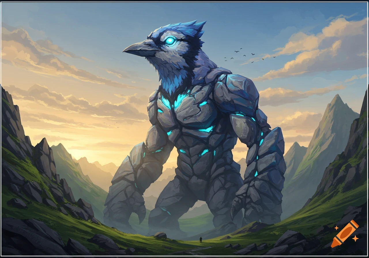 A colossal blue jay-headed rock monster with glowing blue features stands in a vast, green mountain valley at sunset.