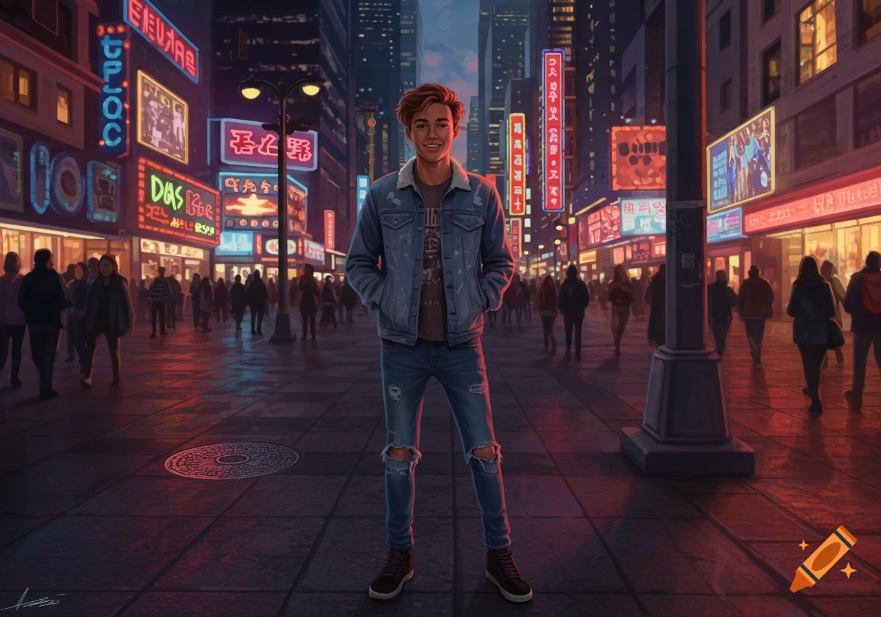 A young man stands smiling in a vibrant, neon-lit city street at night, with crowds and tall buildings in the background.