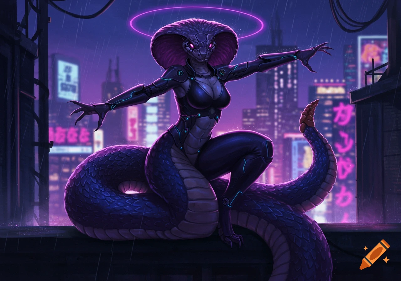 An anthropomorphic snake woman with a glowing halo and futuristic armor crouches on a rooftop overlooking a neon-lit cyberpunk city at night.