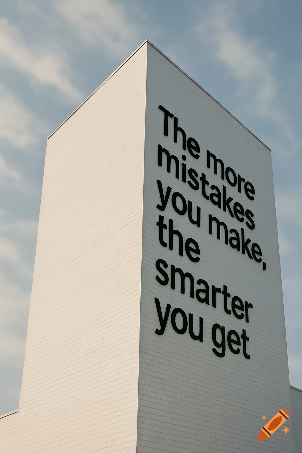 A white brick building with black text 'The more mistakes you make, the smarter you get' under a blue sky, viewed from a low angle.