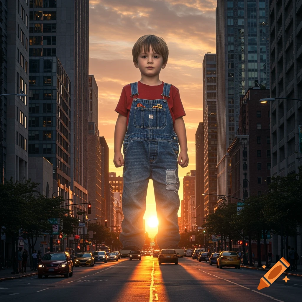 Giant boy in denim overalls stands on a city street at sunset, with toy cars in his pocket and on the road.