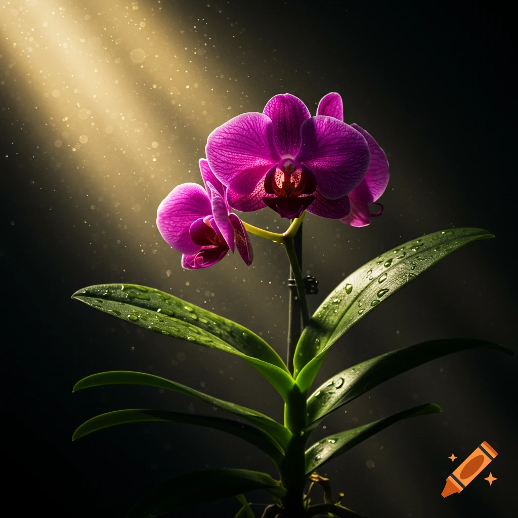 Vibrant purple orchid with green leaves, dramatically lit by golden rays on a dark background.