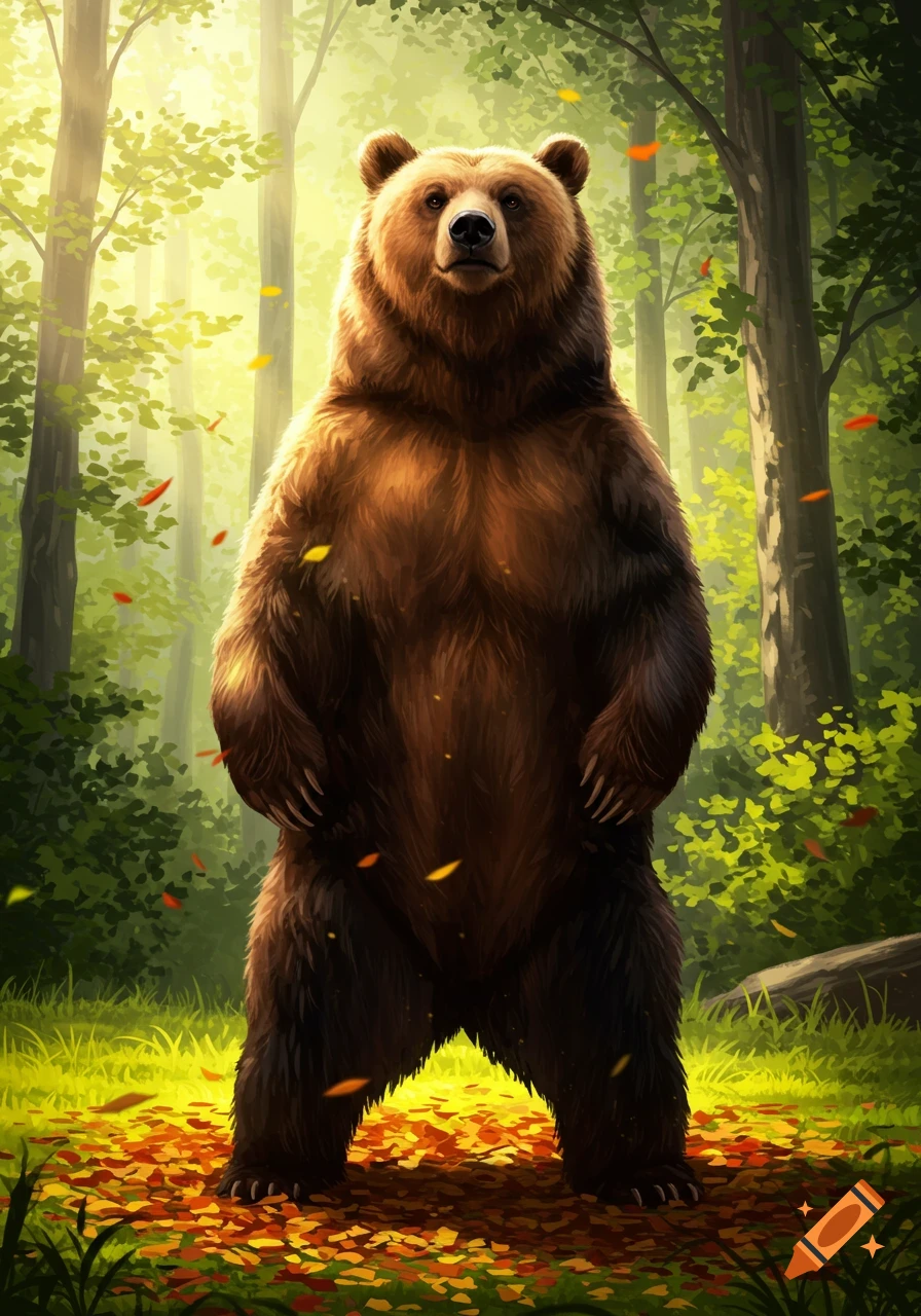 A majestic brown bear stands on its hind legs in a sun-dappled autumn forest, surrounded by green trees and fallen leaves.