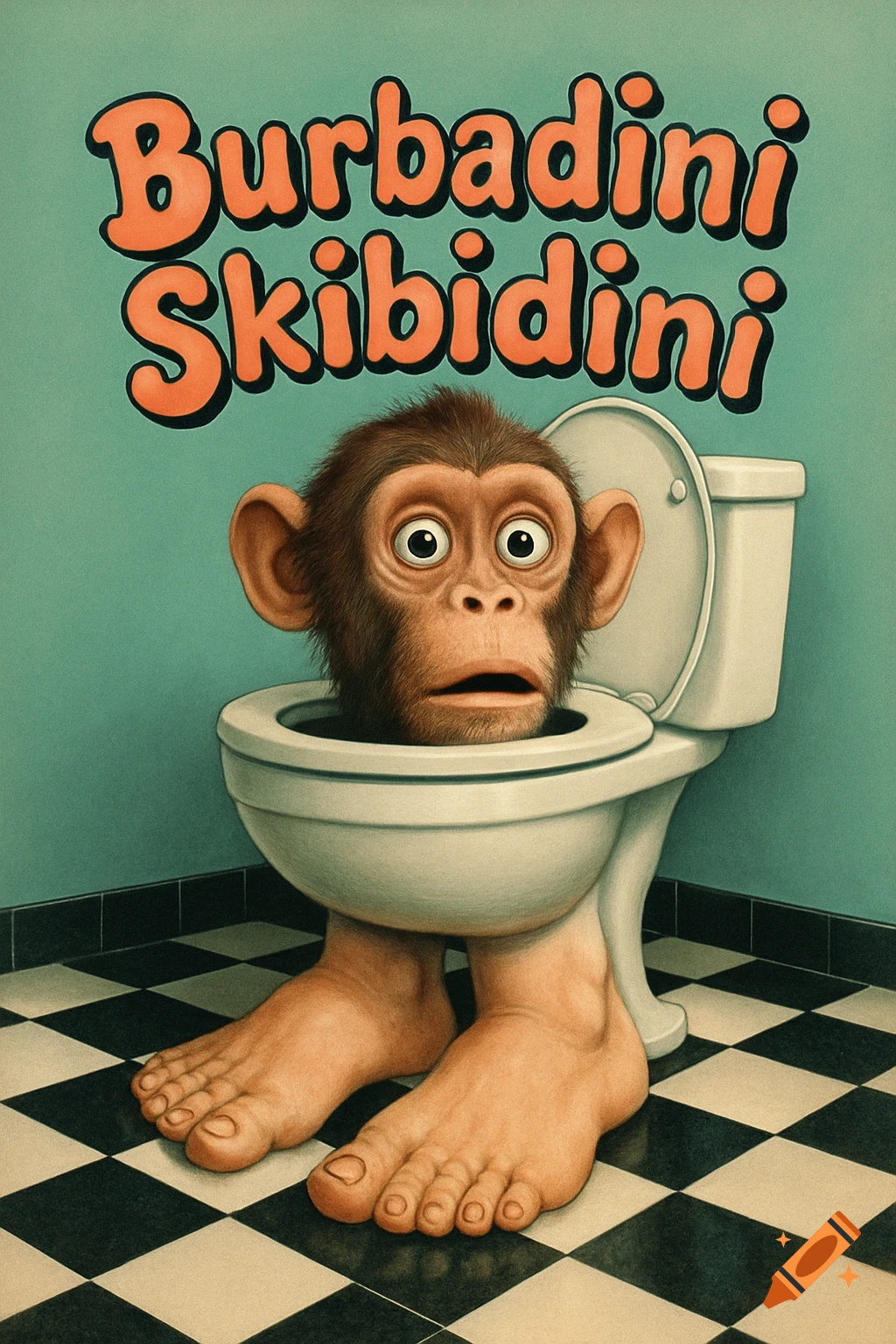 A surprised monkey head emerges from a white toilet with giant human feet underneath, on a black and white checkered floor, with 'Burbadini Skibidini' text above.