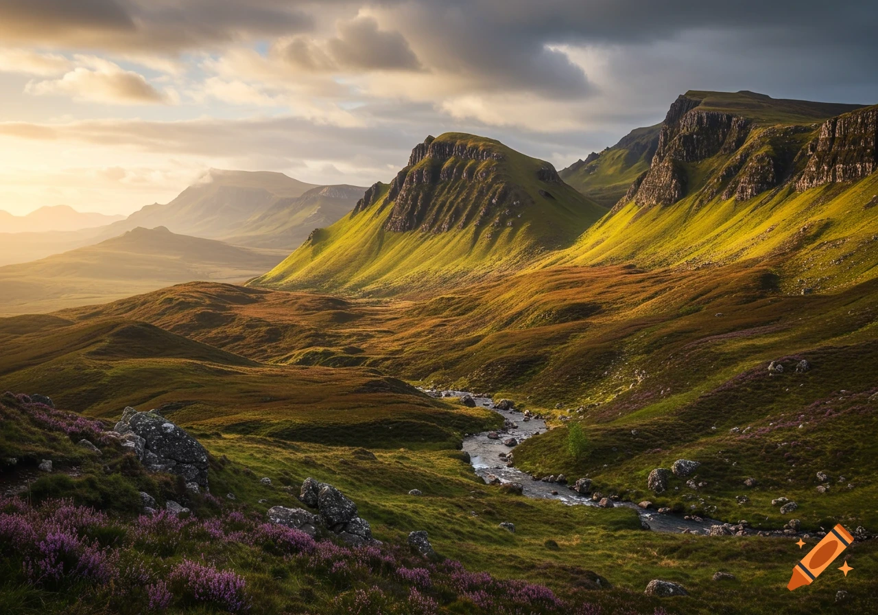 Photorealistic panorama of a dramatic mountain landscape with green and brown hills, a winding river, and purple heather under a cloudy sky.