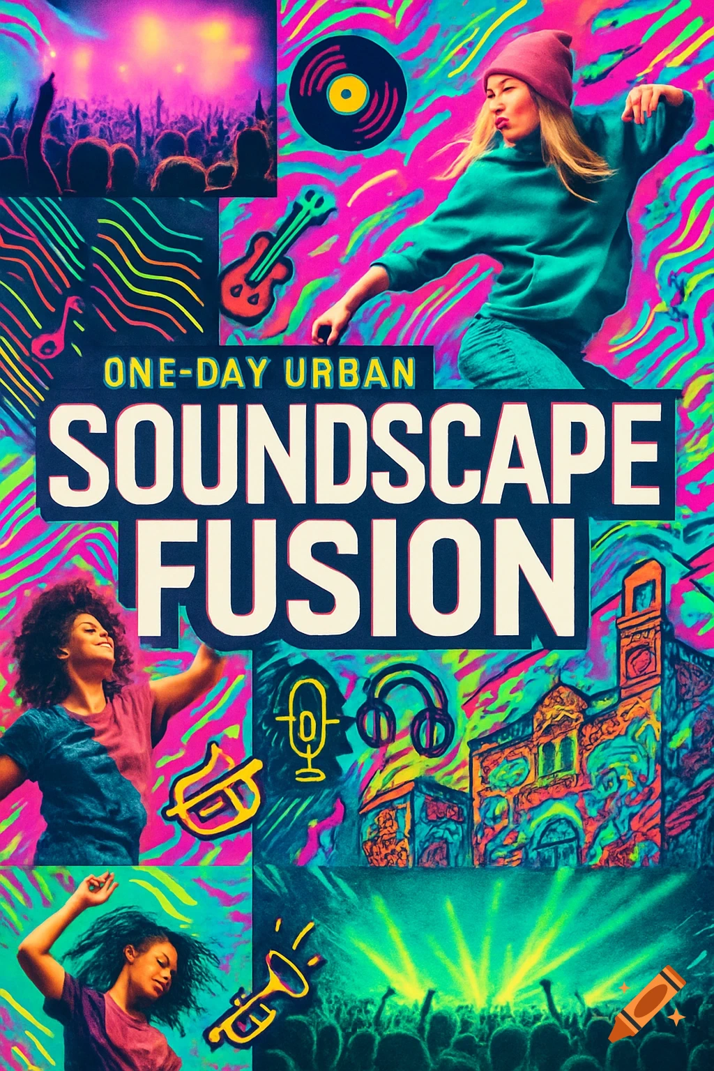 Vibrant collage poster for a music festival, featuring dancers, a crowd, musical icons, abstract patterns, and the text 'ONE-DAY URBAN SOUNDSCAPE FUSION'.
