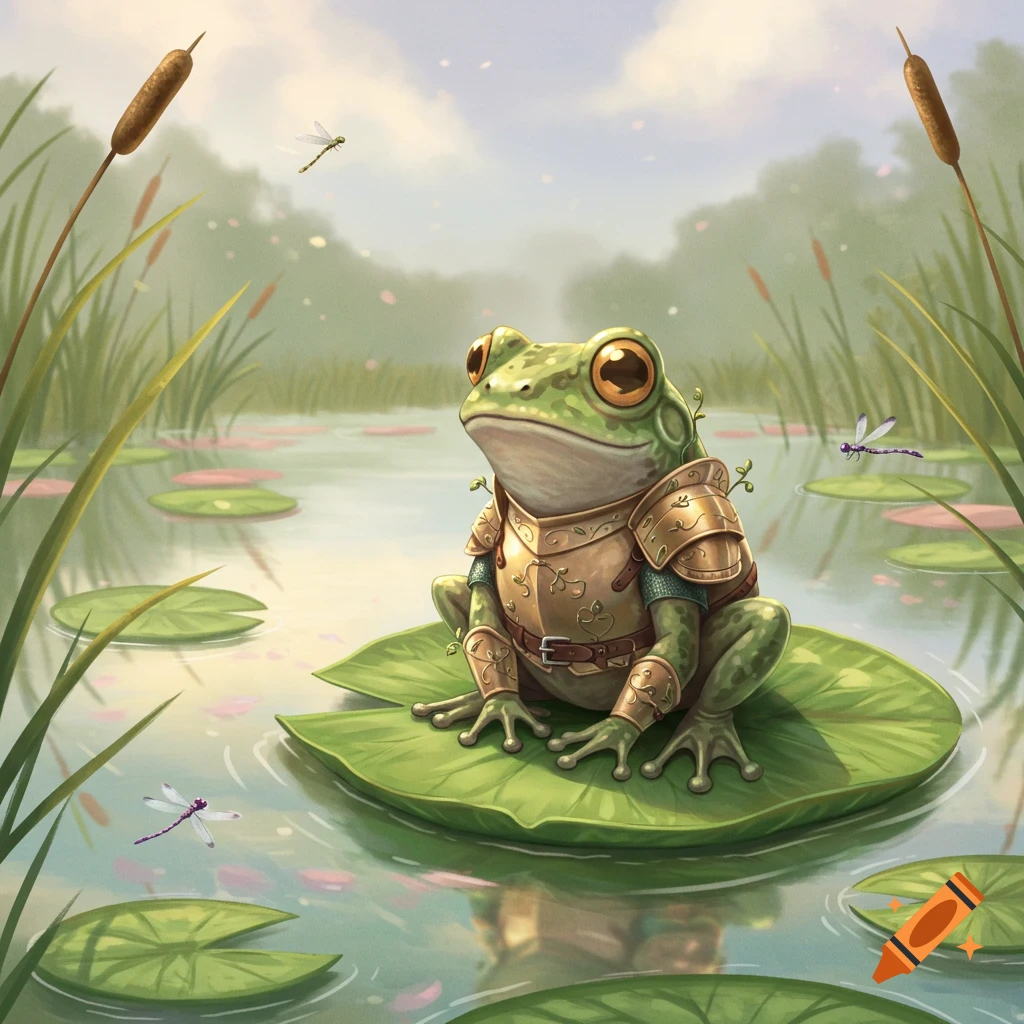 A cute armored frog sits on a lily pad in a peaceful pond with dragonflies and cattails, digital art.