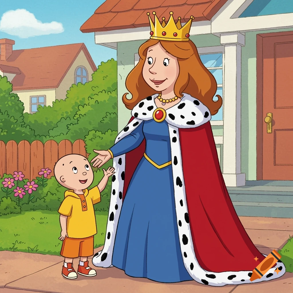 Cartoon of Caillou reaching for his mother, Queen Doris, in a blue gown, red cape, and golden crown, outside a house.