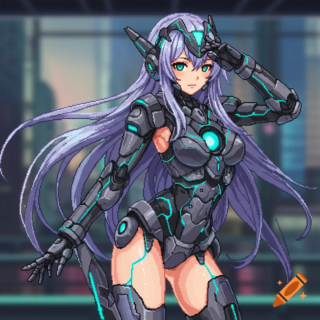 Pixel art of an anime mecha girl with long purple hair and a black and cyan suit, standing in a futuristic city background, saluting.