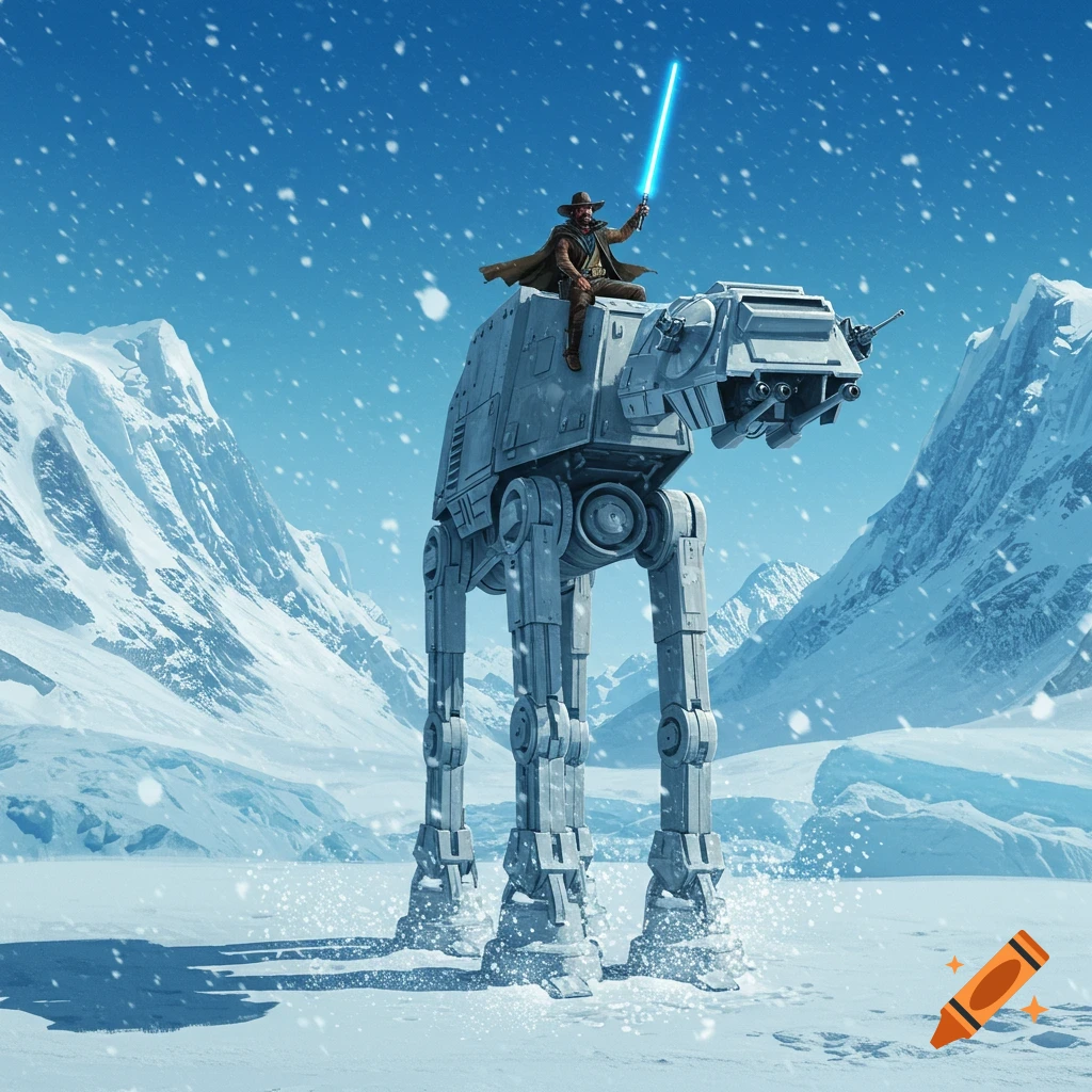 A cowboy in a hat and cloak rides an AT-AT, holding a blue lightsaber aloft, in a vast, snowy mountain landscape.
