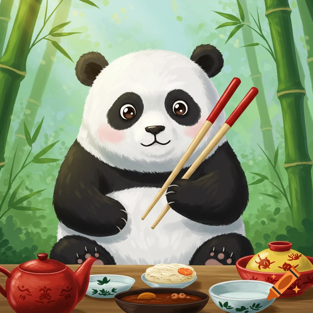 Cute cartoon panda sitting at a table with food, holding red chopsticks, against a background of green bamboo.