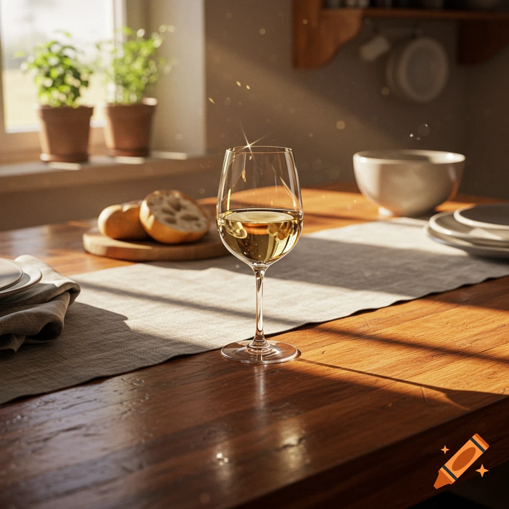 Photorealistic image of a sunlit kitchen table with a glass of white wine, bread, and potted plants by a window.