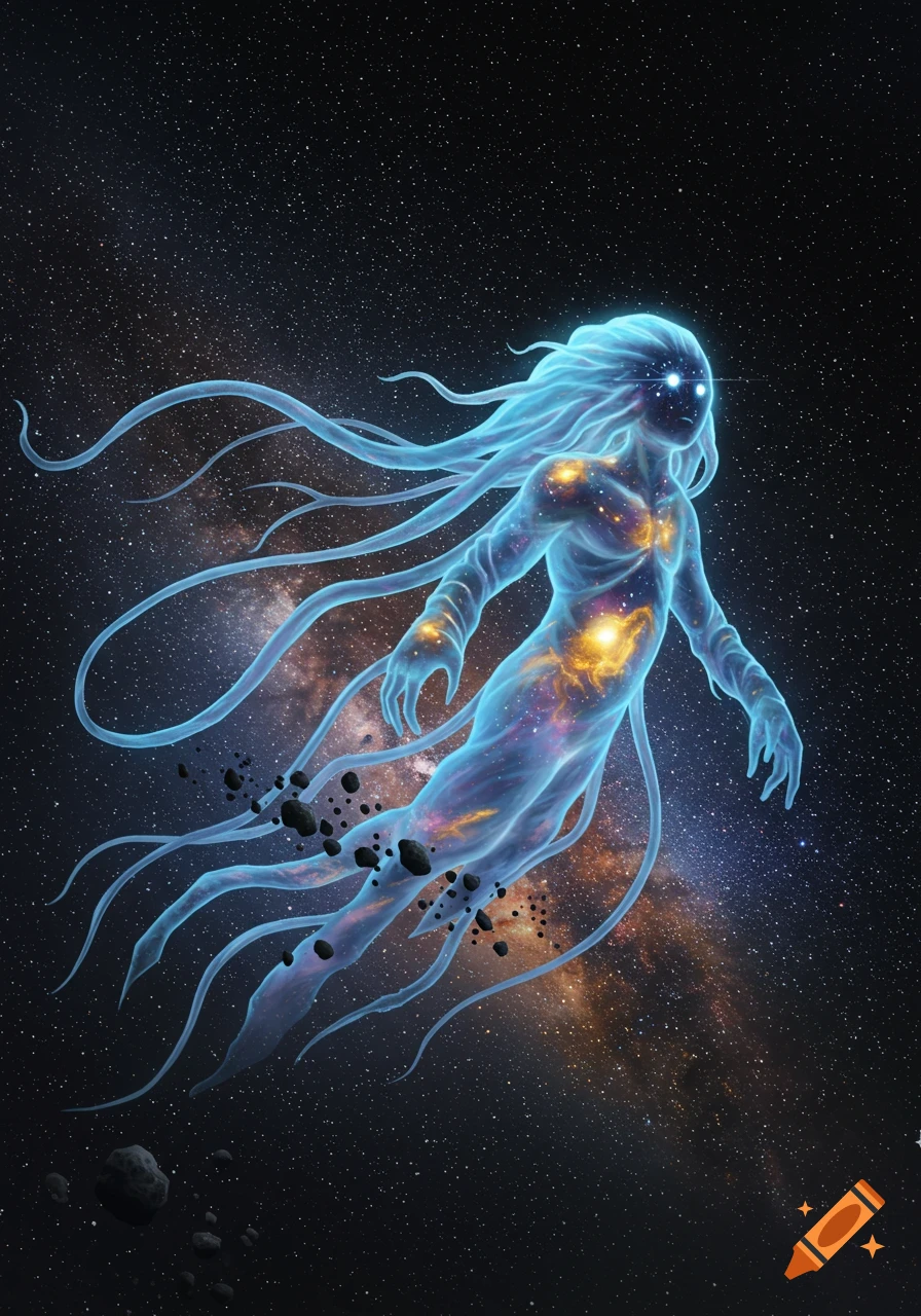 A glowing blue ethereal figure with long tendrils floats in space, surrounded by stars, nebulae, and asteroids.