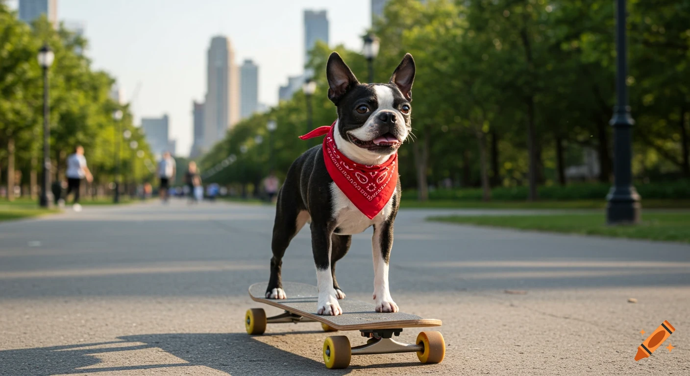 A happy Boston Terrier in a red bandana stands on a skateboard in a sunny city park.