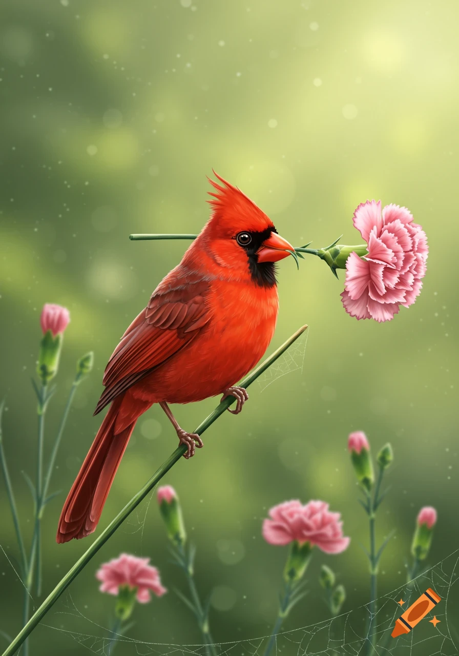 A vibrant red cardinal bird perched on a green stem, holding a delicate pink carnation flower in its beak, against a blurred green background.