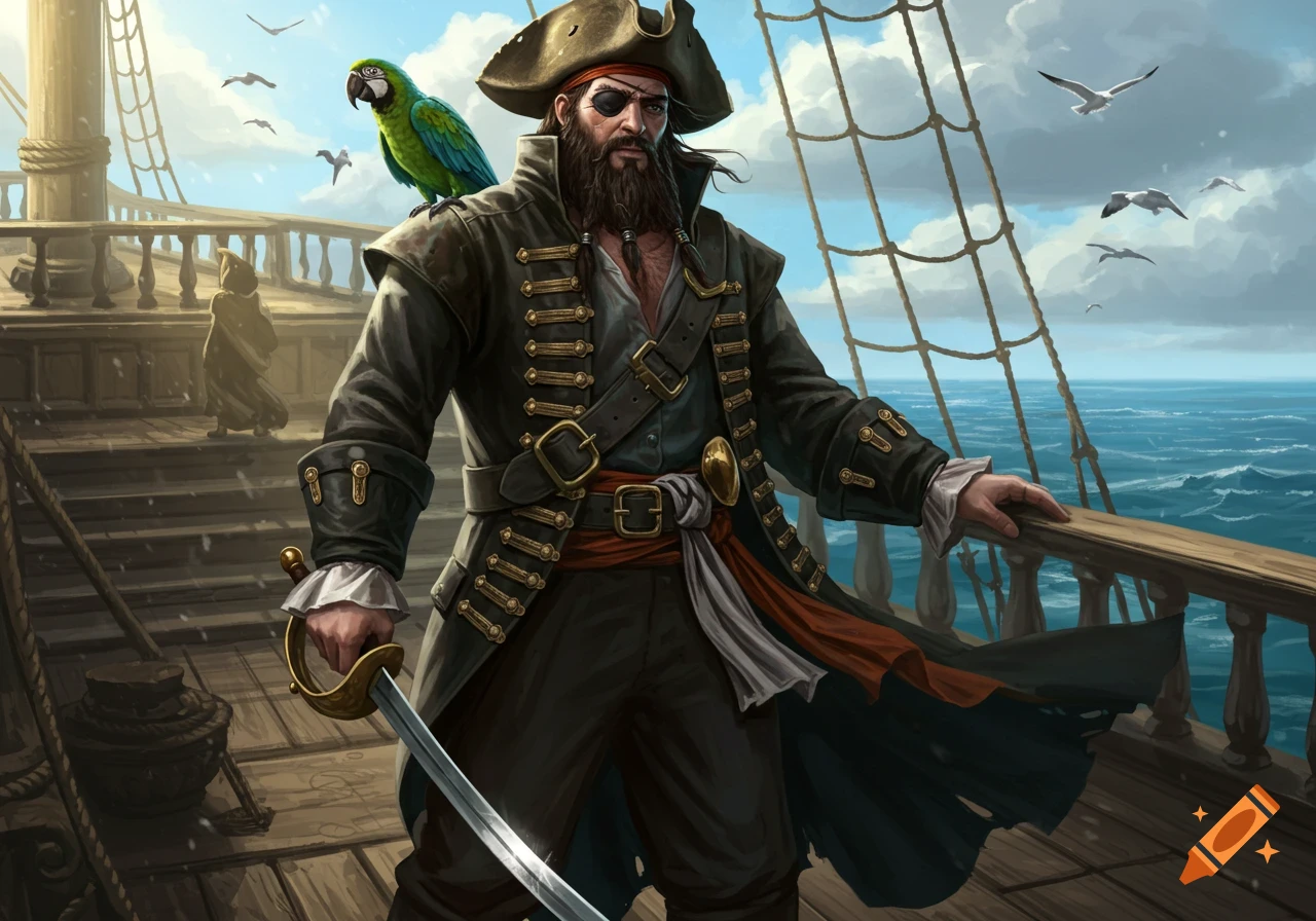 A majestic pirate with a sword and parrot stands on a wooden ship deck, looking out at the ocean. Digital painting.