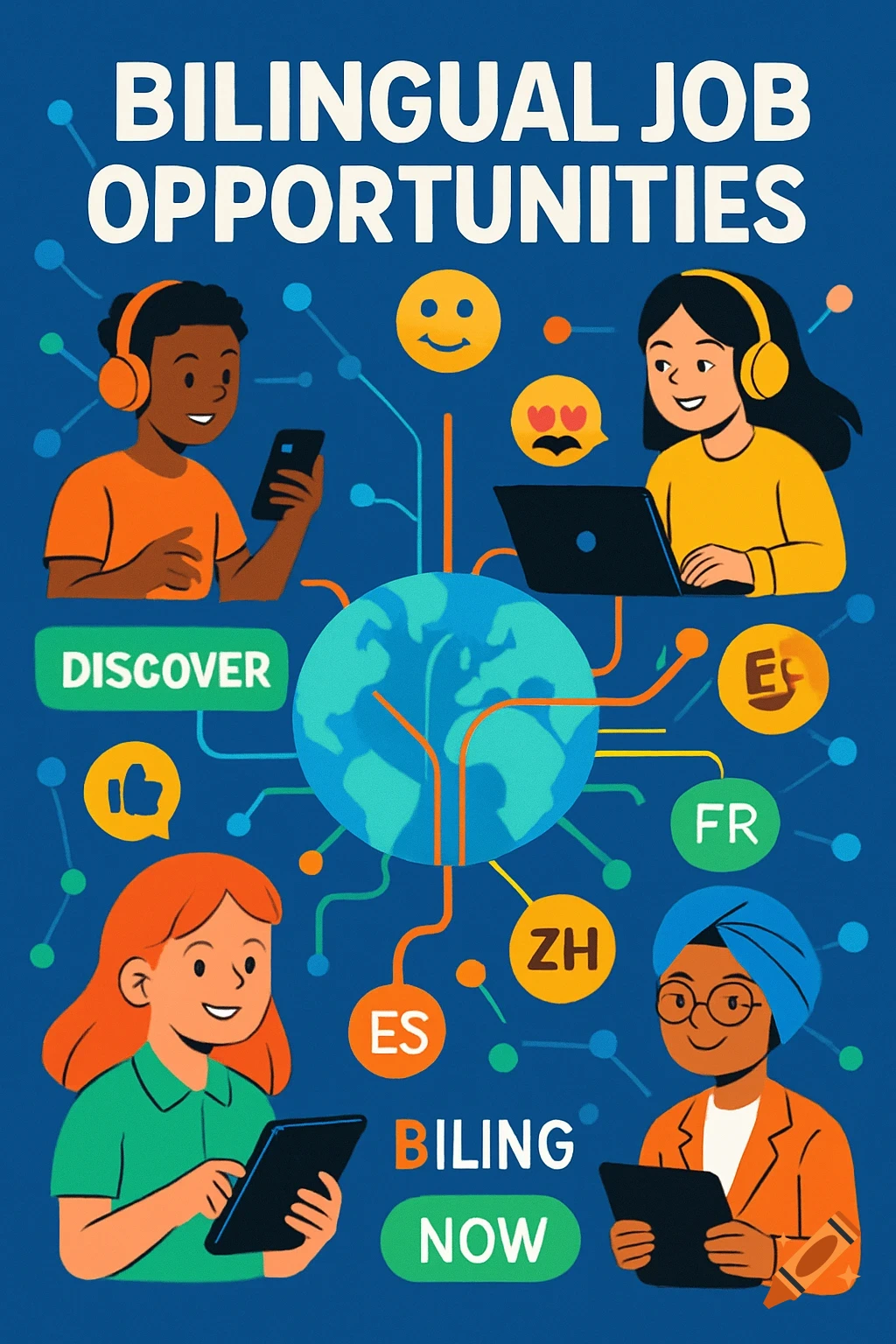 An infographic showing diverse people using devices for bilingual job opportunities, with a globe and language abbreviations.