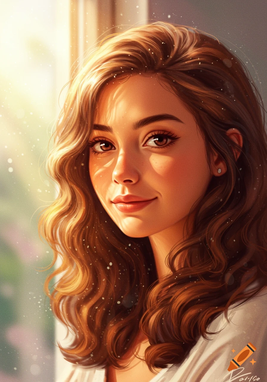 Digital art portrait of a young woman with wavy brown hair and a slight smile, illuminated by warm sunlight.