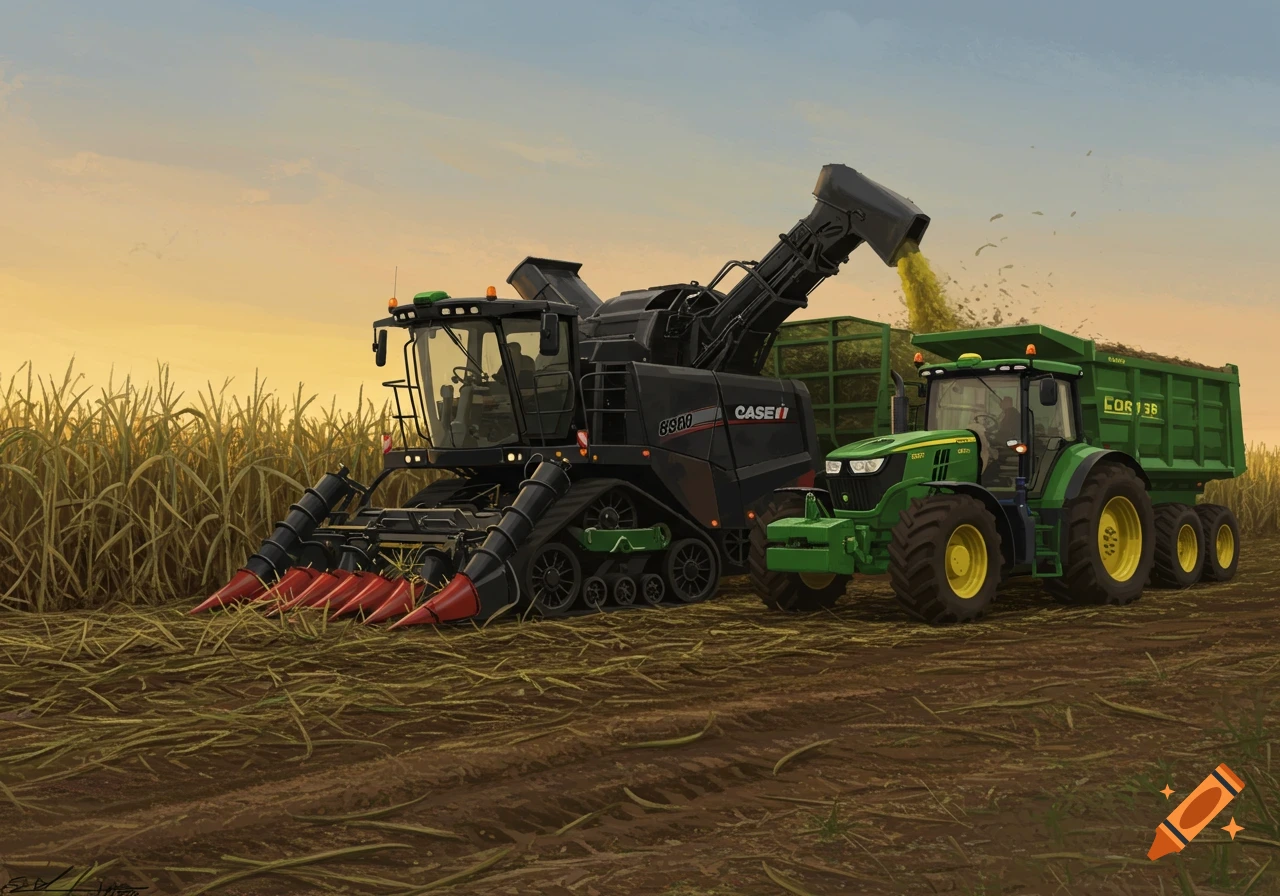 A black Case IH 8800 cane harvester works in a field next to a green John Deere tractor pulling a green tipper trailer under a sunset sky.