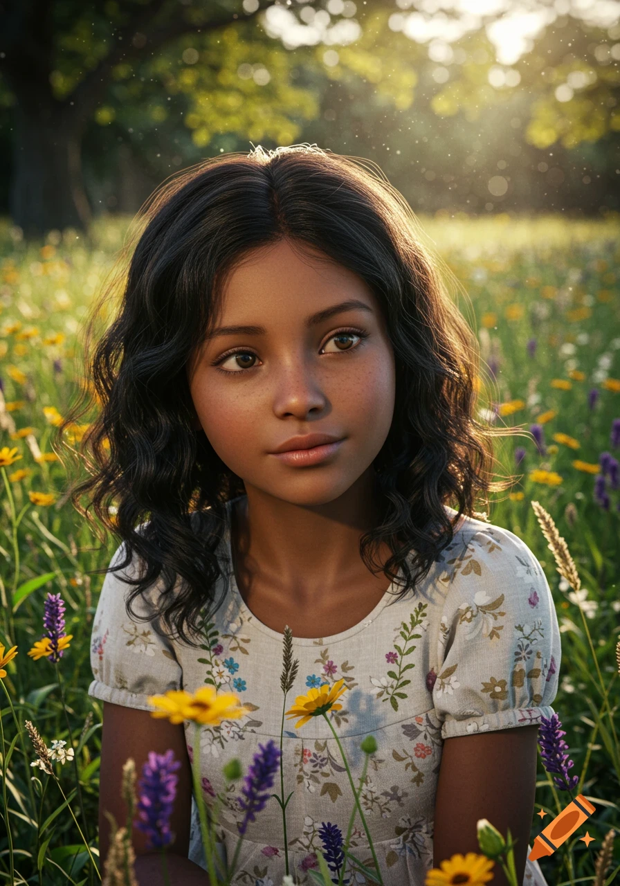 A young girl with dark wavy hair and a floral dress sits in a sunlit field of wildflowers, looking gently to the side in a photorealistic style.