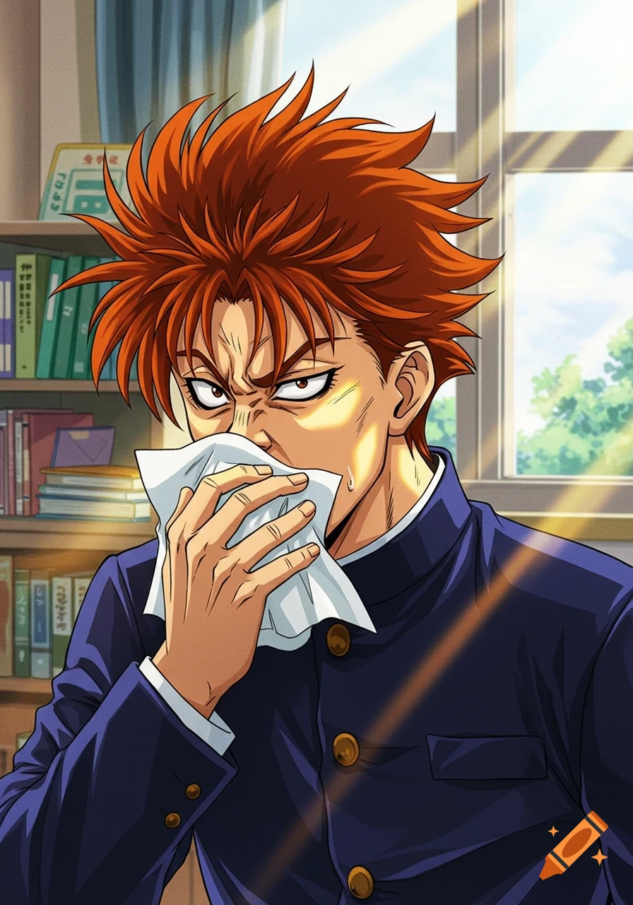 Anime-style drawing of a red-haired male student in a dark blue uniform, sneezing into a white tissue in a sunlit classroom.