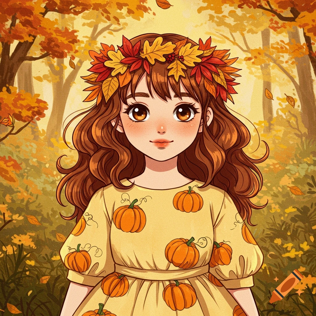 A cute manga girl with brown eyes and a laurel of autumn leaves, wearing a pumpkin-patterned yellow dress in an autumn forest.