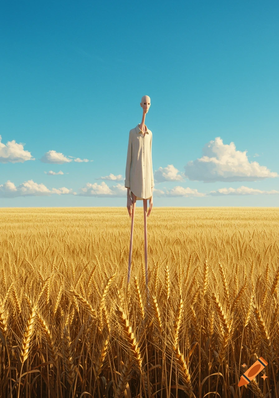 A tall, extremely thin, bald, pale figure in a white shirt stands in a golden wheat field under a blue sky.
