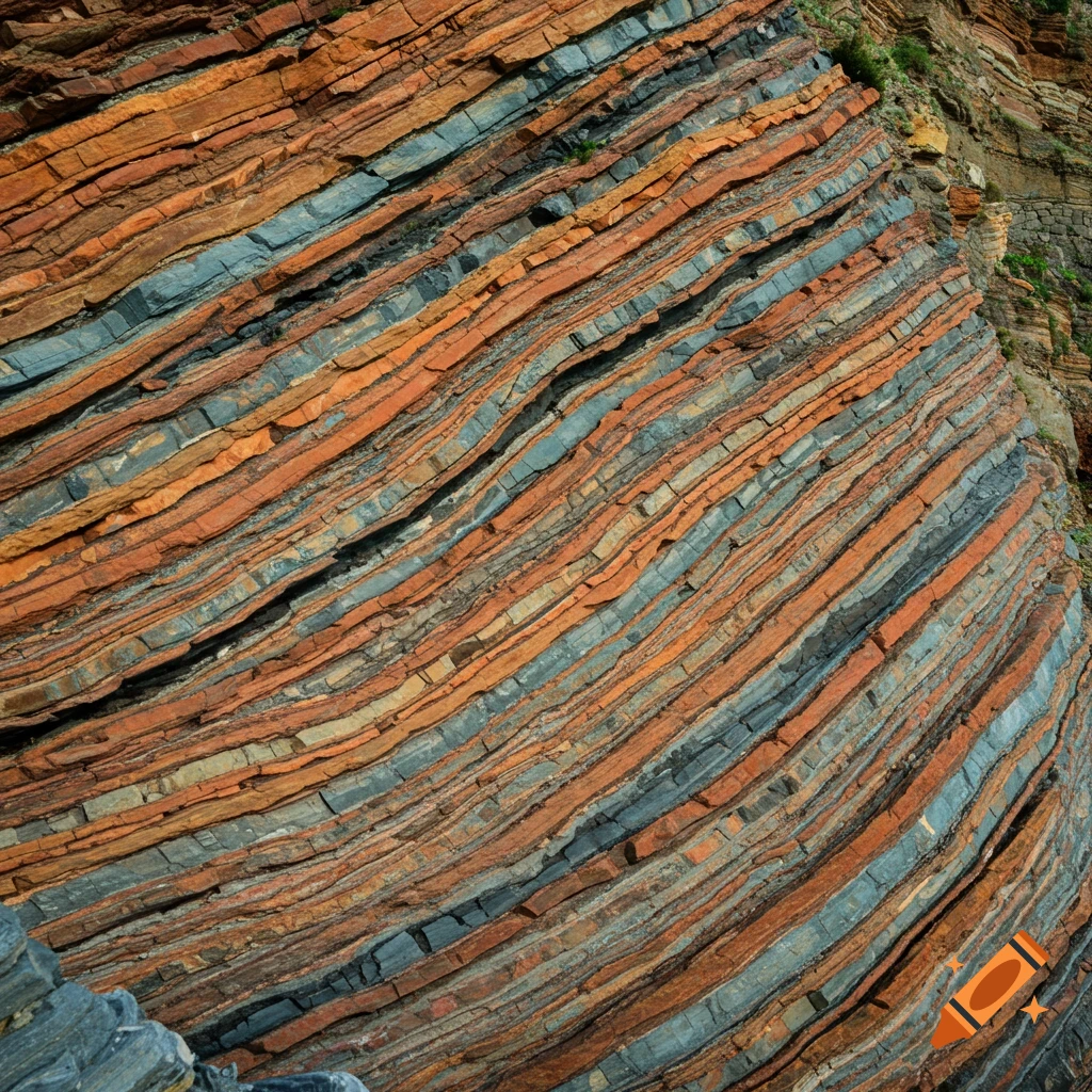 Close-up of dramatically folded, alternating reddish and gray-blue rock layers on a steep cliff face.