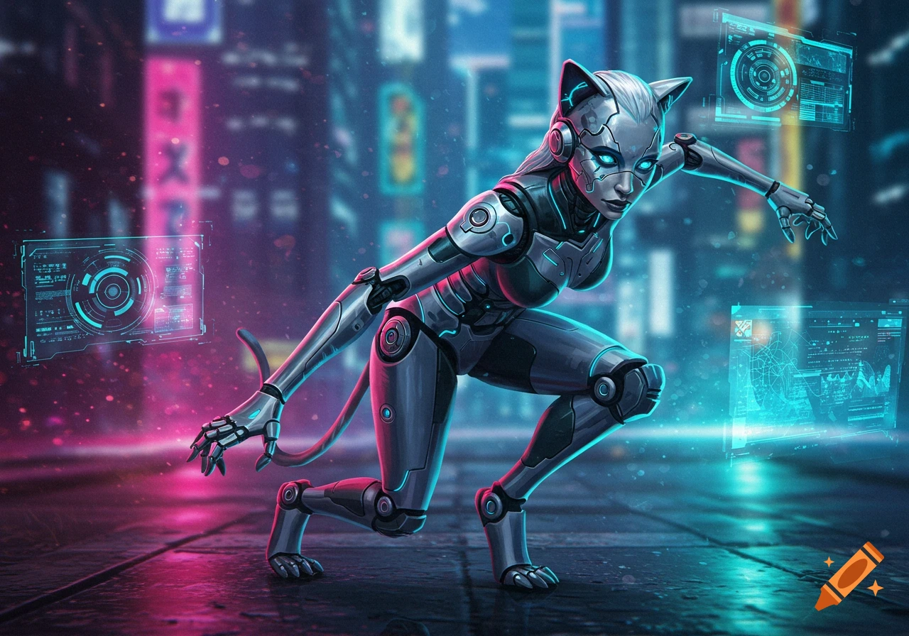 A silver and dark gray cyborg catgirl crouches in a neon-lit cyberpunk city with holographic displays. Digital art.