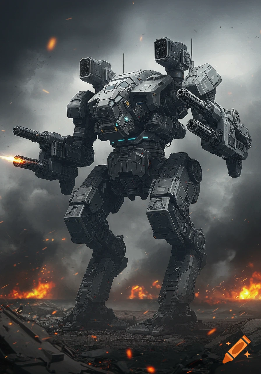 A powerful, heavily armed war mech with angular armor stands on a fiery, smoke-filled battlefield, one arm firing.