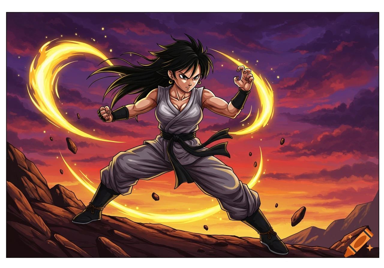 A black-haired female martial artist in a gray gi, striking a combat pose with glowing energy, against a dramatic sunset sky in Dragon Ball Z style.