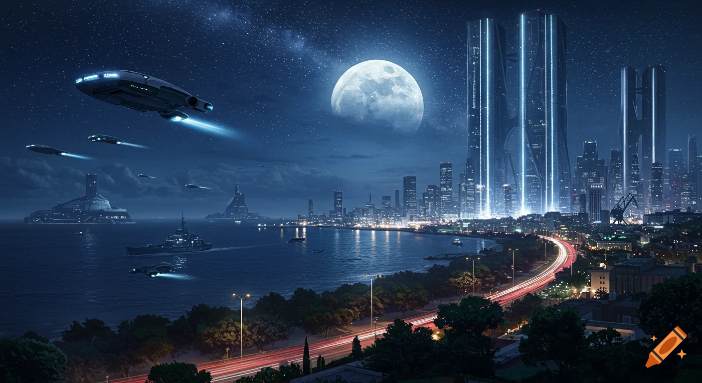 Futuristic coastal city at night with glowing skyscrapers, spaceships, warships, bright road lights, under a huge moon and starry sky.