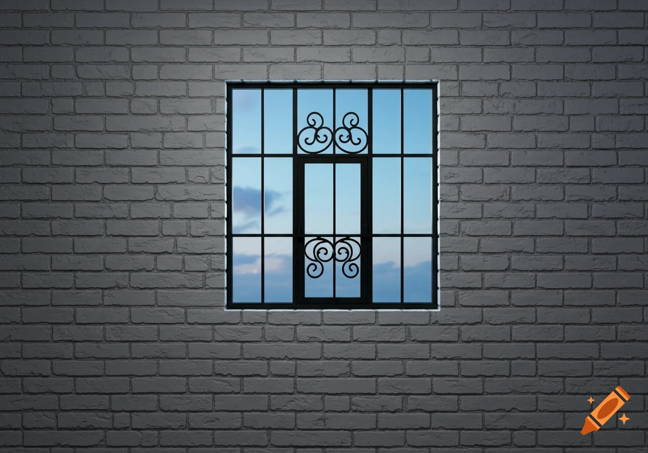 A grey brick wall with a black-framed window featuring decorative iron scrollwork, showing a blue sky with clouds outside.