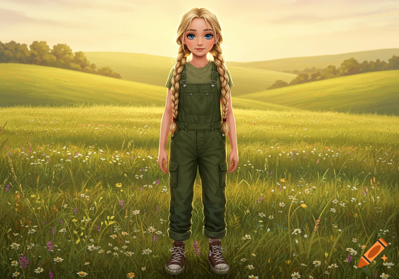 A blonde girl with braided hair in green overalls stands in a sunny, flower-filled grassy field. Digital art.
