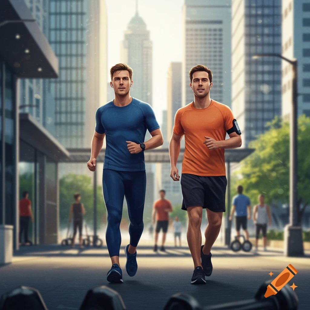 Two fit men jogging on a city street with tall buildings in the background, photorealistic style.