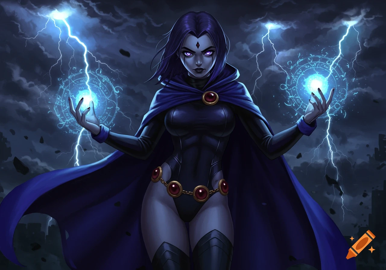 Raven from Teen Titans, a purple-haired woman in a dark blue cape and leotard, casting blue magic with glowing runes in her hands, amidst a stormy sky with lightning.