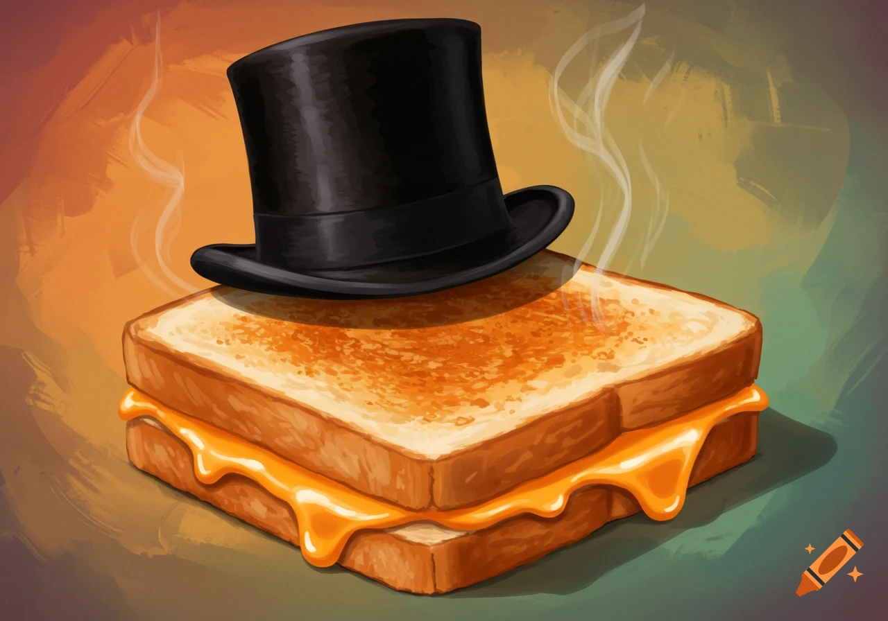 A steaming grilled cheese sandwich wears a black top hat in a digital illustration.
