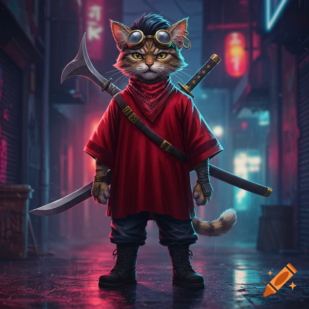 An anthropomorphic cat in a red poncho, bandana, goggles, and combat boots stands in a rainy cyberpunk alley, carrying two swords.