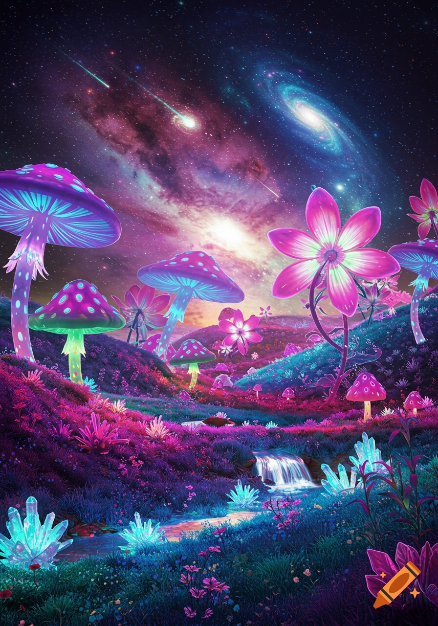 Vibrant psychedelic landscape with glowing purple and blue mushrooms, pink flowers, blue crystals, a stream, and a starry galaxy sky.