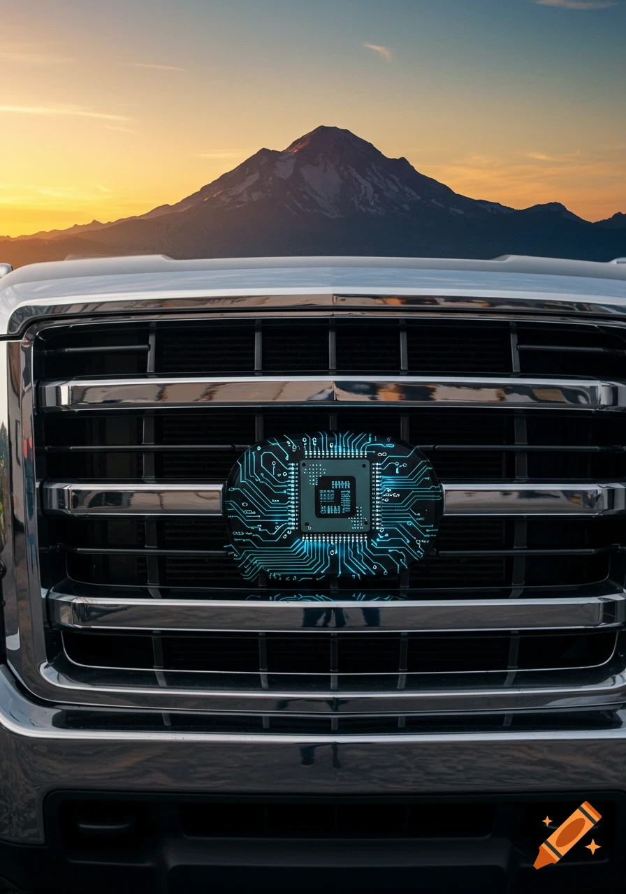 Close-up of a pickup truck grille with a glowing blue circuit board emblem, a mountain at sunset in the background.