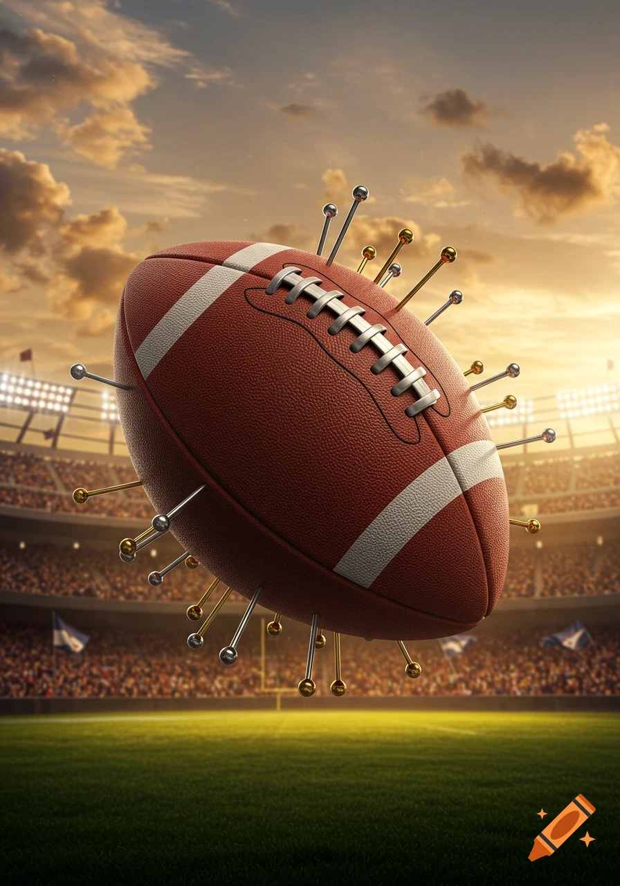A photorealistic image of a football with silver and gold pins sticking out, floating above a stadium field at sunset.