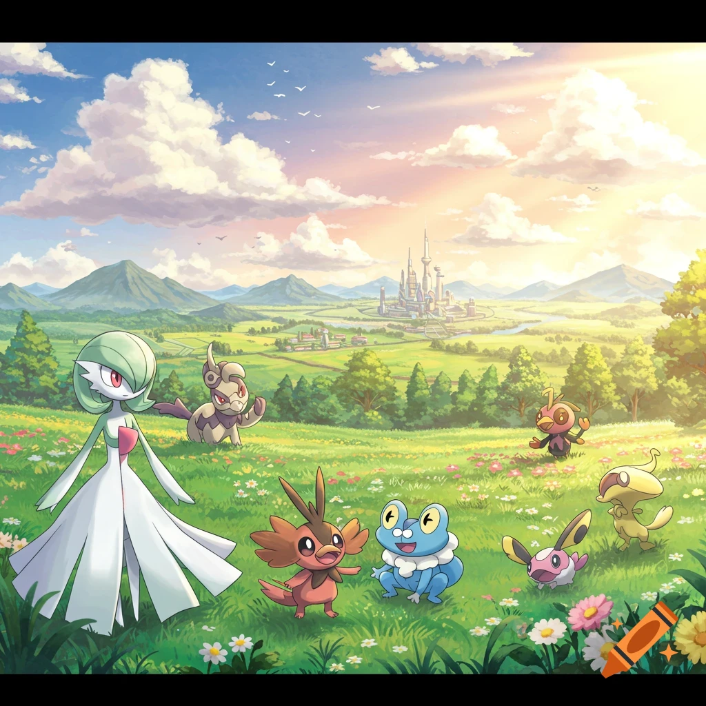 Anime-style Pokémon, including Gardevoir and Froakie, in a vibrant green meadow with flowers, mountains, and a fantasy castle at sunset.